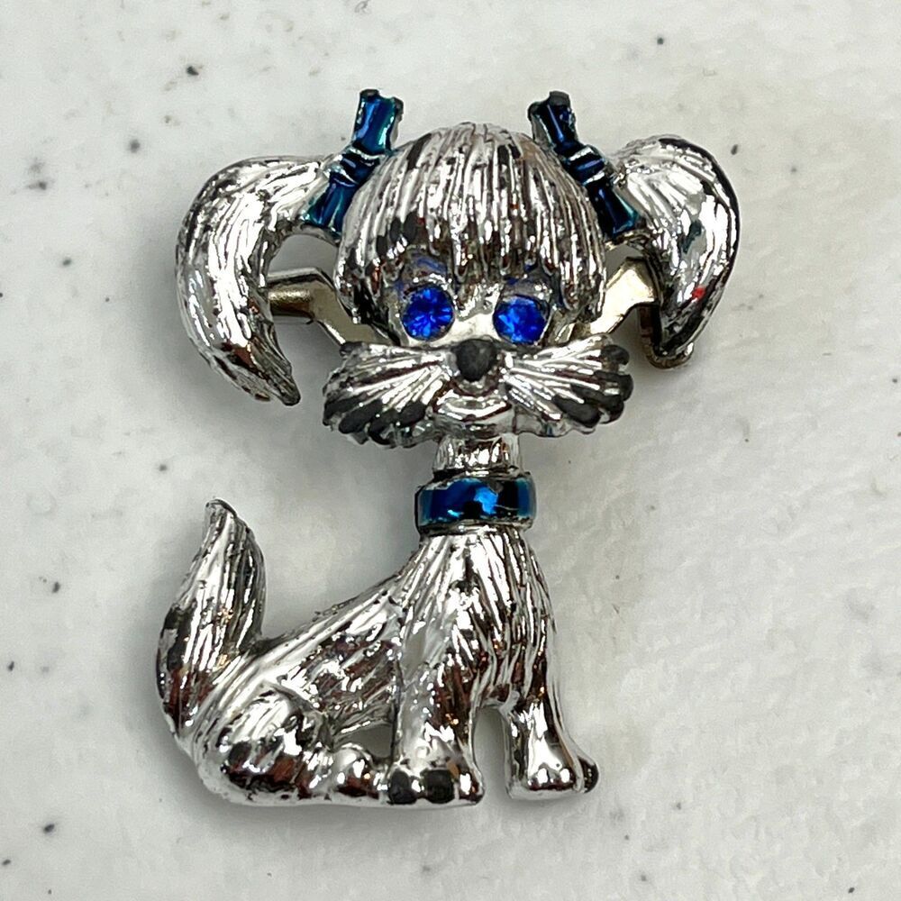 Vintage Gerry's Dog Brooch Silver Tone Blue Bows Collar Rhinestone Eyes Yorkie